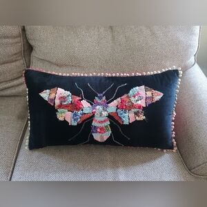 Anthropologie Embroidered Velvet Insect Pom-Pom Pillow